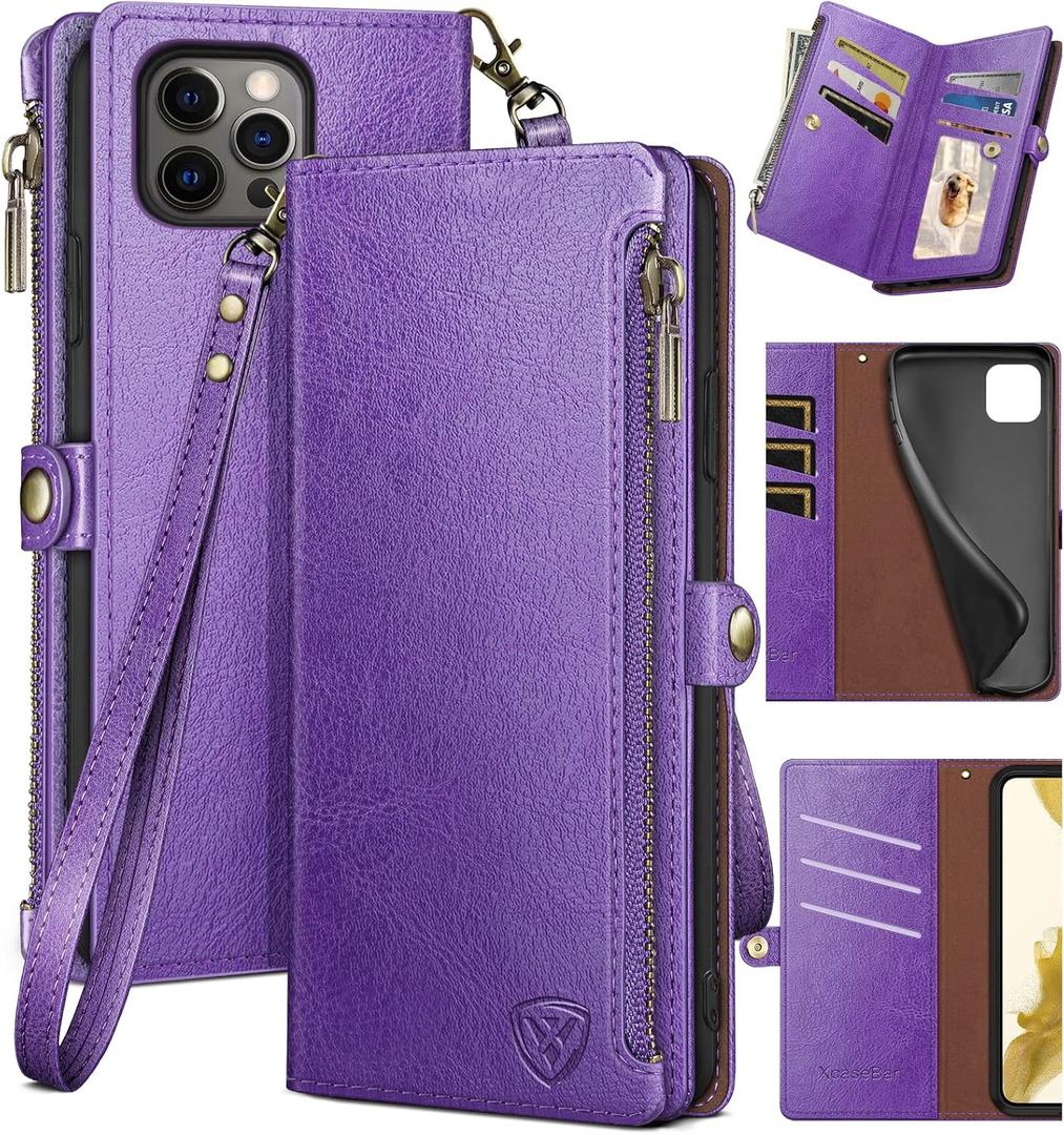XcaseBar for iPhone 15 Pro Max 6.7" Wallet case with Zipper Credit Card Holder RFID Blocking,Flip Folio Book PU Leather Shockproof Protective Cover Women Men for Apple 15 ProMax Phone case Purple (Solid)
