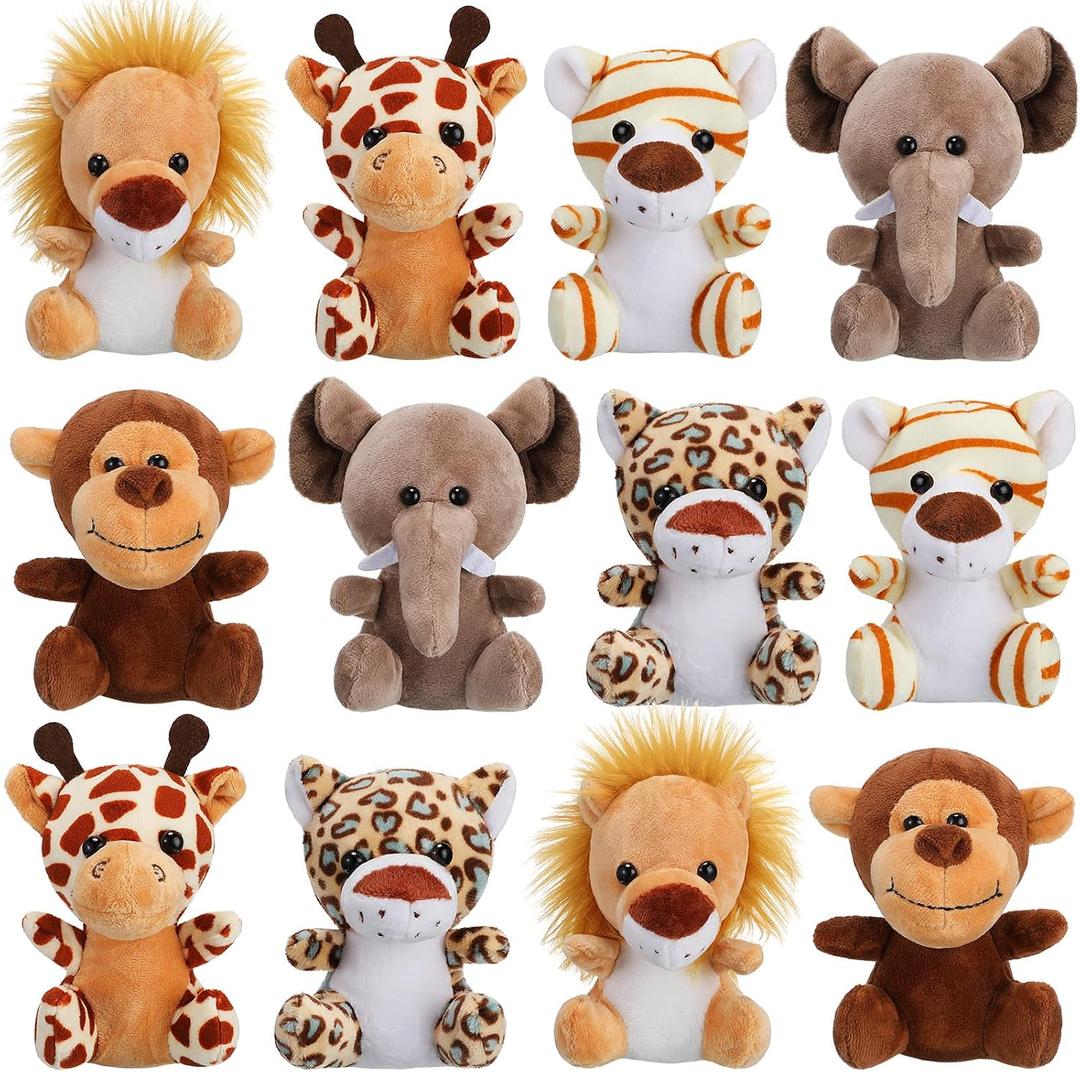 Sumind 12 Pieces Small Stuffed Animals Bulk Gifts Mini Stuffed Forest Jungle Animal Plush Toys 4.8 Inch Cute Elephant Lion Giraffe Tiger for Claw Machine Baby Shower Decorations(Sitting)
