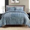Fredsure Crinkle Velvet Comforter Set, 3 Pieces Blue Queen, Crinkle Velvet Face and Brushed Microfiber Reverse, with Light Poly Fill