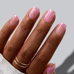BTArtbox Press On Nails, Shell Glow, Short Square, Pink French Tip, 30Ct | 2+ Weeks Wear, Salon-Quality Natural Nails, 10-Minute Easy Daily Application, Fast Removal, 15 Sizes, All-in-One Complete Kit