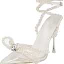 YIYA Women's Pointed Toe Clear Heels Sandals with Strappy Pearls Ankle Strap Sexy Rhinestone Bow Heels Stiletto High Heel Wedding Party Pumps Shoes