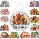 13PCS Interchangeable Seasonal Welcome Sign for Front Door, 12 Inch Rustic Round Wood Door Decorations Hanging Outdoor, Farmhouse Home Wall Porch Signs for Spring Summer Fall Christmas All Seasons