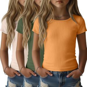 LessonZoo 3 Pack Girls Short Sleeve Shirts Ribbed Knit Cotton Slim Fit T Shirts Basic Boat Neck Tops Casual Summer Tees(Cream, Dark Green, Orange,11-12 Years)