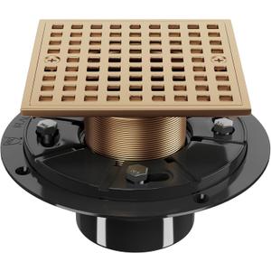 4 Inch Champagne Bronze Shower Drain- Square Shower Floor Drain Kit with ABS Flange-Removable Grid Strainer Cover - SUS304 Stainless Steel Floor Drain Kit