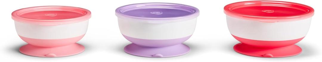 Munchkin Stay Put Munchkin Suction Baby Bowls with Lids - Dishes for Babies and Toddlers, Self-Feeding Bowl Set for Kids 6+ Months, 3 Pack, Pink/Purple