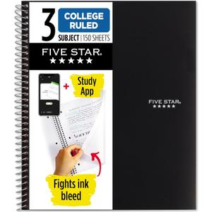 Five Star Spiral Notebook + Study App, 3 Subject, College Ruled Paper, Fights Ink Bleed, Water Resistant Cover, 8-1/2" x 11", 150 Sheets, Black (72069)