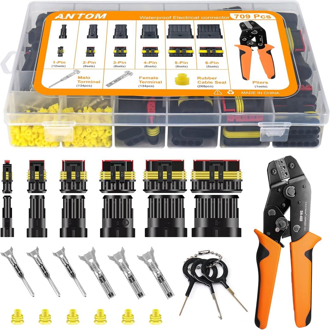 ANTOM 709PCS Water Proof Wire Connectors 43 Kits-1/2/3/4/5/6 Pin Automotive Electrical Connectors-With Ratcheting Wire Crimper-Waterproof Connectors for wiring