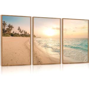 Aurlan Tropical Beach Sunset Framed Wall Art(16"x24"), 3PCS Coastal Ocean Island Canvas Artwork, Vintage Seascape Landscape Scenery Decor Prints for Office Home