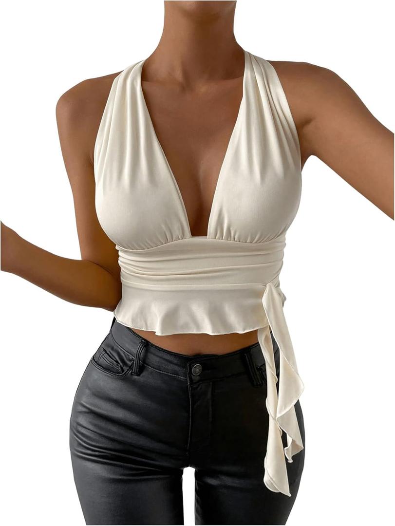 SOLY HUX Women's Sexy Deep V-Neck Halter Crop Top Summer Beach Vacation Clothes Y2K Trendy Tank Top for Going Out Party (Beige, M)