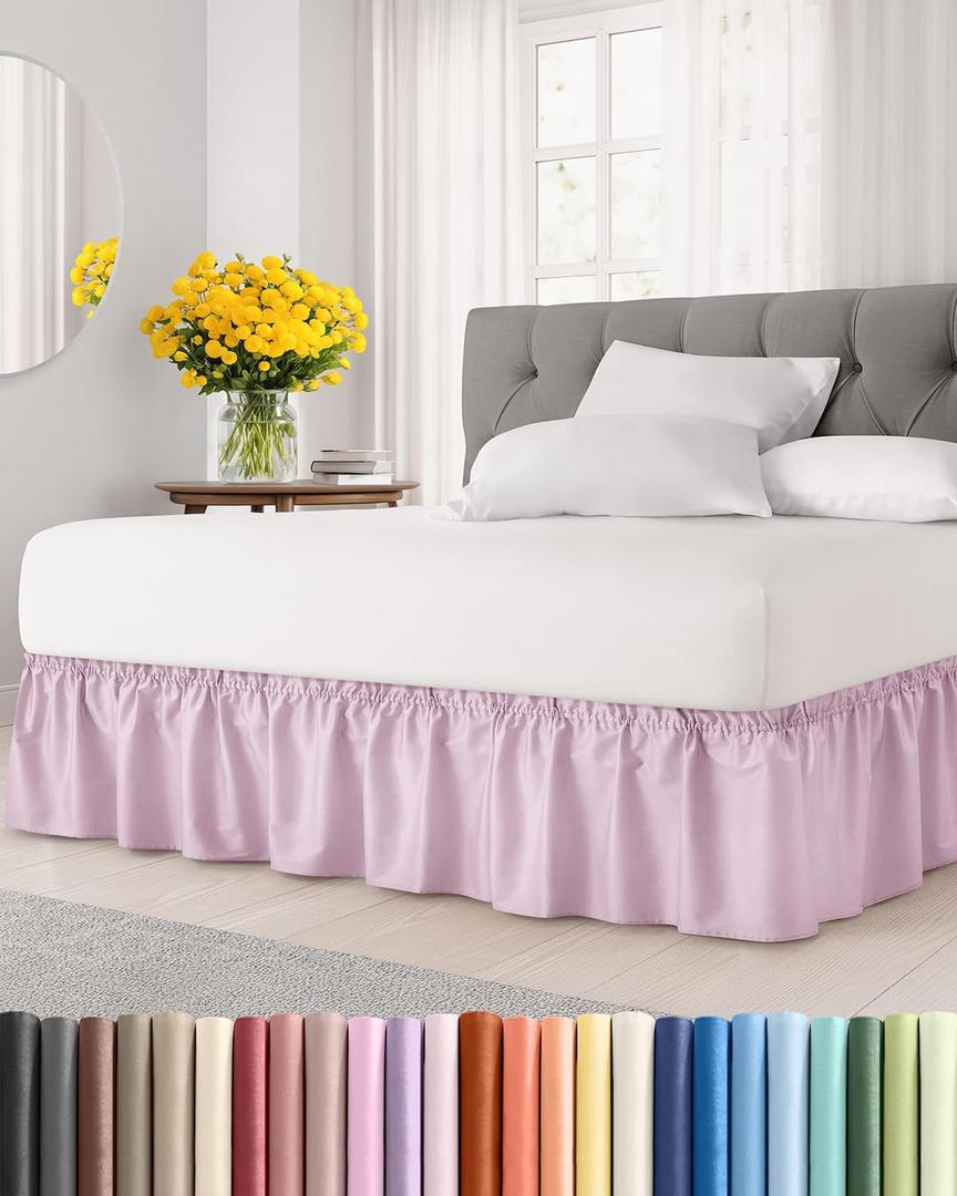 Wrap Around Dust Ruffle Bed Skirt - Light Pink - for Full Size Beds with 15 Inch Drop - Elastic Strap - Adjustable Pleated Bedskirt with Brushed Fabric and Wrinkle Free - for Women, Men, Kids & Teens