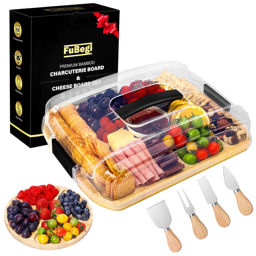 Portable Travel Charcuterie Board with Lid, Bamboo Charcuterie Cheese Board with Cover Accessories Gift Set, Large Covered Charcuterie Box Serving Tray Board Platter 7 Compartment Traveling Christmas