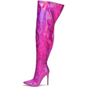 Cape Robbin Women's Metallic Thigh High Over-The-Knee Boots - Zippered Pointed Toe & Stiletto Heel (Bemilia) (7, Pink Holographic)
