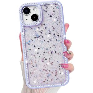 for iPhone 13 Case, Sparkly Crystal Diamonds Rhinestone Border with Shiny Glitter Sequins Phone Cover for Women Girls, Transparent TPU Bling Slim Protective Case for iPhone 13