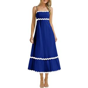 KIRUNDO Womens Summer Dresses 2025 Boho Spaghetti Strap Sleeveless Smocked Rickrack Trim Flowy Beach Vacation Midi Sundress (Small, Blue)