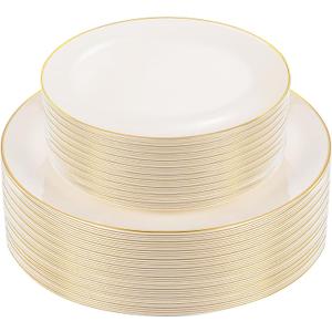 PULOTE 60 PCS Ivory Plastic Plates - Cream Plastic Disposable Include 30 Dinner and 30 Dessert Plates with Gold Rim - Ideal for Party & Wedding