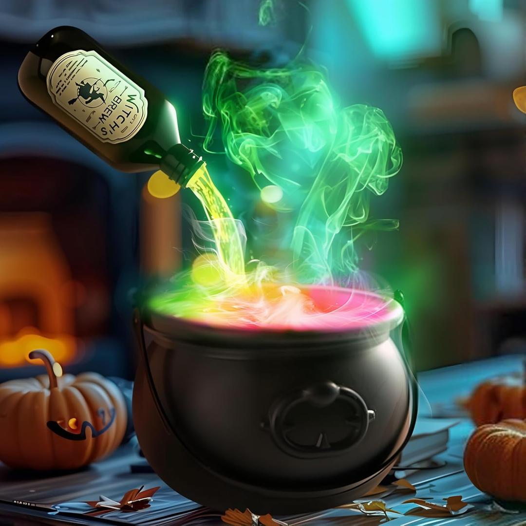 Halloween Cauldron with Smoke, Black Cauldron Pot, Witches Cauldron, Cauldron Halloween Decor with Black Plastic Witches Cauldron and LED Mist Maker, Decoration for Home Table Kitchen
