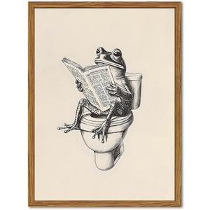 Framed Funny Frog Bathroom Wall Art, Whimsical Frog on Toilet Reading Newspaper Paintings Wall Decor, Humor Animal Pictures Canvas Prints Retro Home Decor for Restroom 12x16 inch