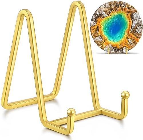 IPAME Metal Square Wire Plate Stands for Display - 4.5 Inch Holder + Picture Frame Stand Easel for Book, Decorative Plate, Plaque, Photo, Platter (Gold 4 Pack)