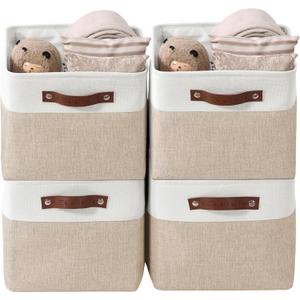 DECOMOMO Storage Bins, Large Fabric Storage Baskets for Shelves, Decorative Linen Closet Organizer, 15 x 11 x 9.5 inches (Beige & White, 4 Pack)