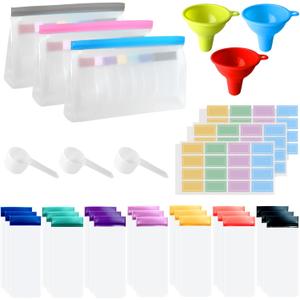 Protein Powder Travel Container Set, Reusable Powder Dispenser Supplement Containers with Funnel, Spoon & Notes, 21PCS Single Dose Bags and 3PCS Large Standable Zip Bags for Workout Fitness Travel