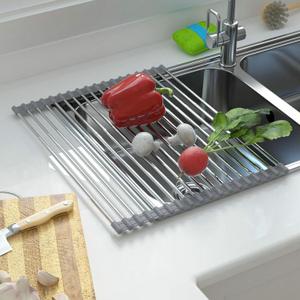 CHIRISEN Expandable Large Roll Up Dish Drying Rack 18 Tube 21.25x12.79''Collapsible Over The Sink Rack Non-Slip Silicone Rolling Dish Drainer Stainless Steel Roll Rack for Kitchen Sink Counter (Gray)