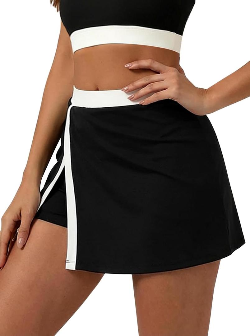Avanova Women Color Block Tennis Skirt with Pockets Side Slit Athletic Golf Skorts for Running Workout Sports Black X-Large