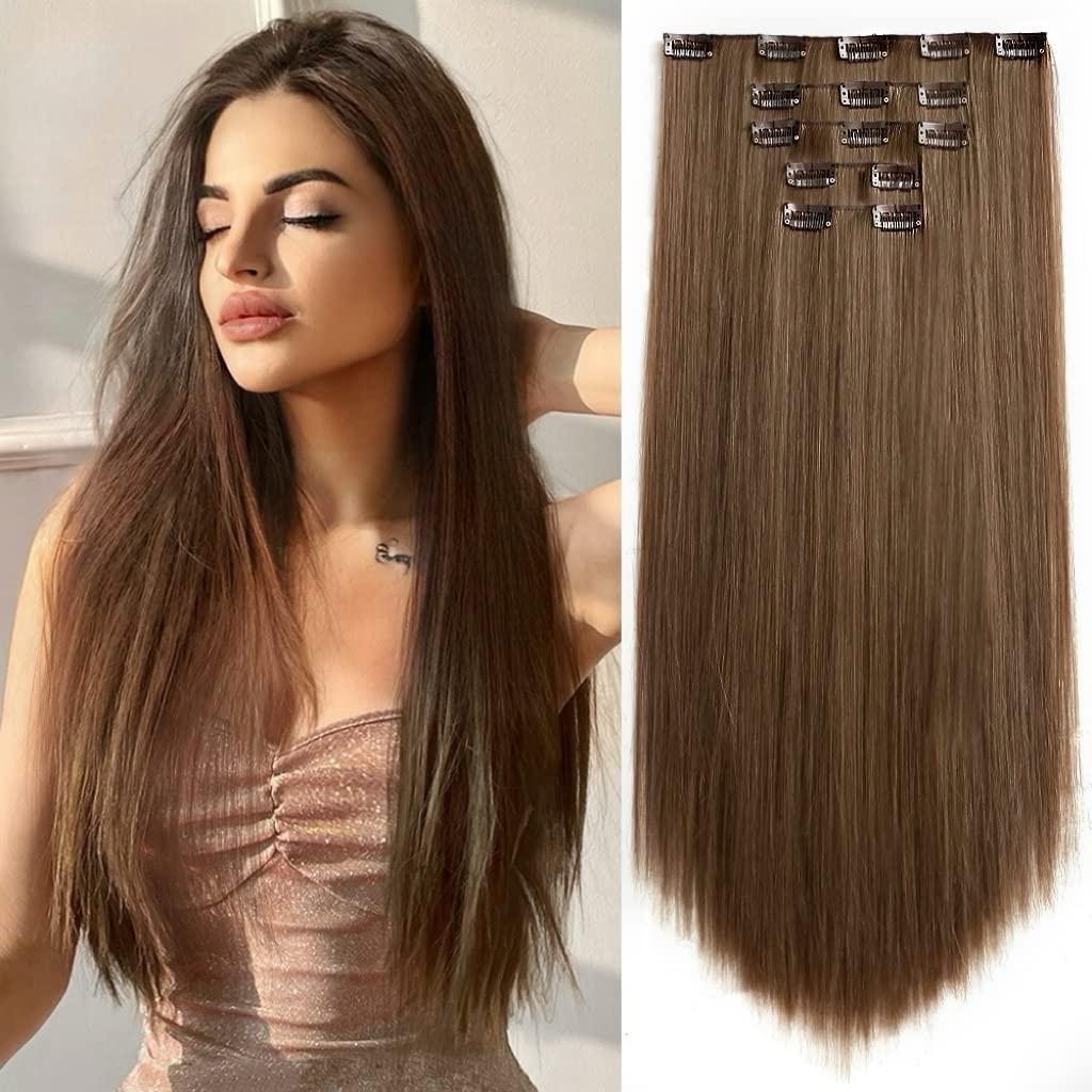 Brown Clip in Hair Extensions Straight Invisible 22" Long Synthetic Thick Clips on Hairpieces for Women