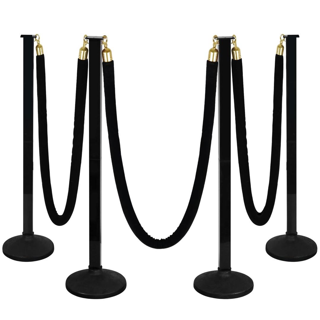 4 Pack Stanchion Post with Velvet Ropes (Weighted Base), Crowd Control Barriers, Red Carpet Runner Poles, Queue Poles for Party, Movie Theater, Plastic (Black)