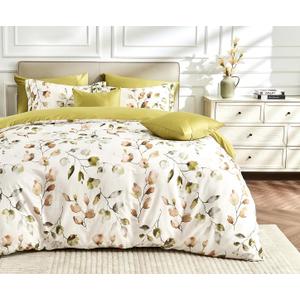 SLEEPBELLA Luxury 600 Thread Count Cotton Sateen Queen Size Duvet Cover Set, Buttery Soft & Silky Breathable Bedding, Reversible Light Green and Yellow Botanical Quilt Cover with Button Closure