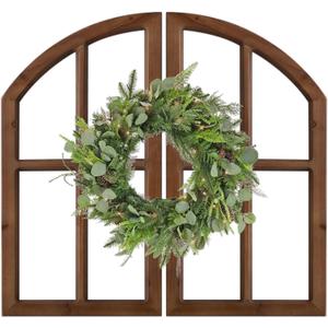 Sintosin Farmhouse Arched Window Frame Wall Decor 30 Inch, Set of 2 Hanging Burning Finished Wooden Window Pane above Bed Wall Art, Rustic Home Decor for Living Room Fireplace Entryway Hallway