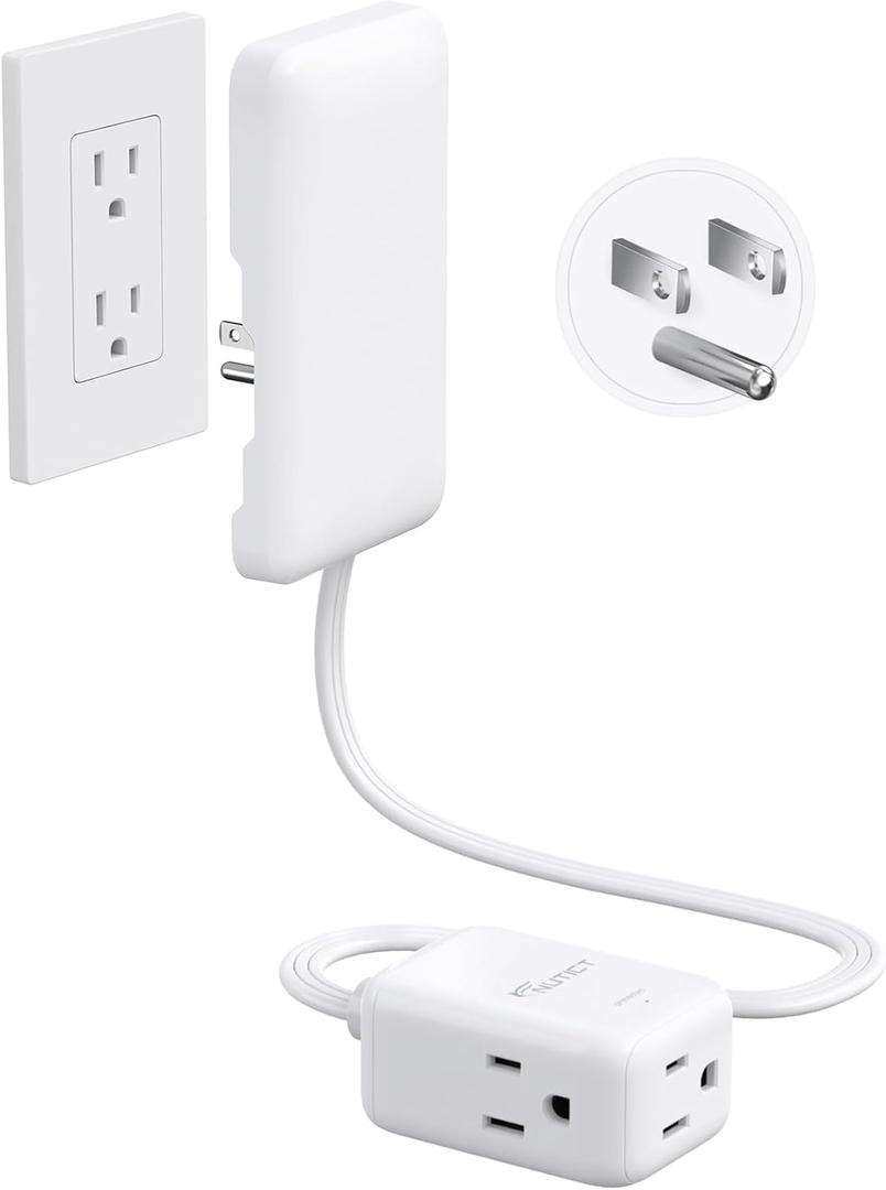 NUTICT 1.5FT Short Flat Extension Cord with 3 Outlets, Flat Wall Plug & Ultra-Thin Outlet Cover, ETL Listed, 13A/1625W, 900J Surge Protection, White Outlet Extender Plug Behind TV, Couch, Furniture