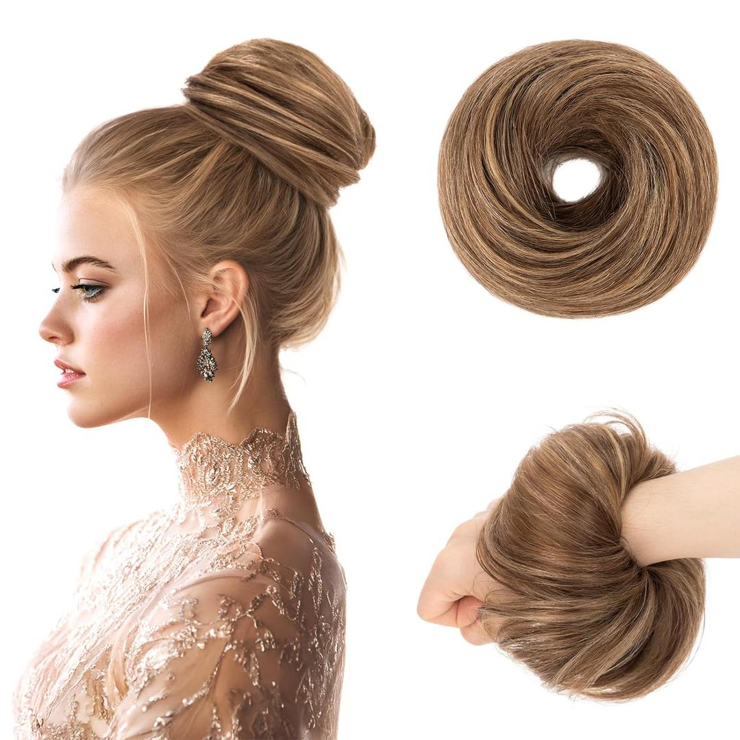 MY-LADY 100% Human Hair Messy Bun Hair Piece, Natural Wavy Messy Buns Hair Pieces for Women Hair Buns with Elastic Band Updo Ponytail Extension Medium Brown Mix Dark Blonde