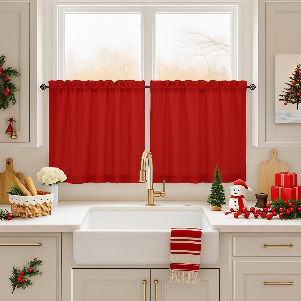HOMEIDEAS Christmas Non-See-Through Red Privacy Sheer Kitchen Curtains, 30 X 24 Inches Long 2 Panels Short Sheer Curtains Light Filtering Bathroom Window Drapes for Bedroom Living Room