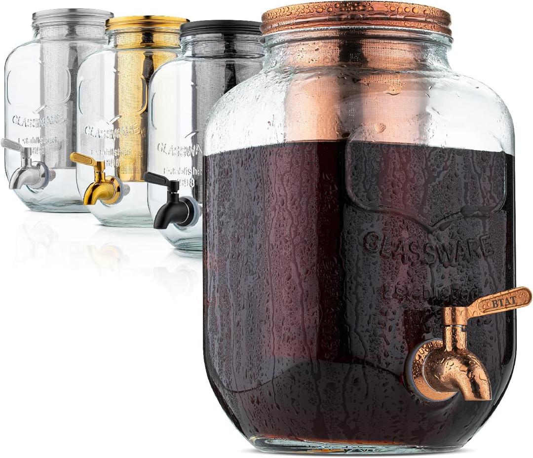 BTaT- 1 Gallon Cold Brew Coffee Maker, Thick Glass Pitcher with Stainless Steel Filter, Lid & Spigot, Iced Coffee & Sun Tea Brewer, Large Mason Jar Cold Brew Container, Fast Iced Tea Maker for Fridge