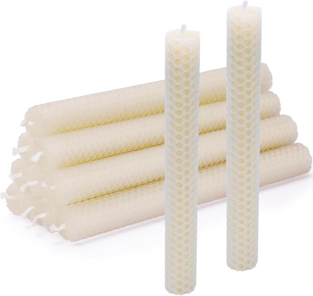 DEYBBY Handmade Beeswax Taper Candles, Dripless Wax Candles, Hand-Rolled Honeycomb Candles for Dinner Party, Set of 12 Flat TopCream White