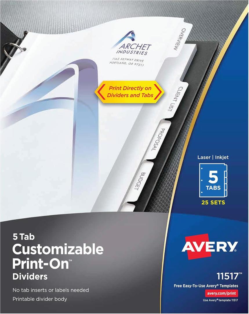 Avery 5-Tab Print-On Binder Dividers, White Tabs, 25 Sets (11517)