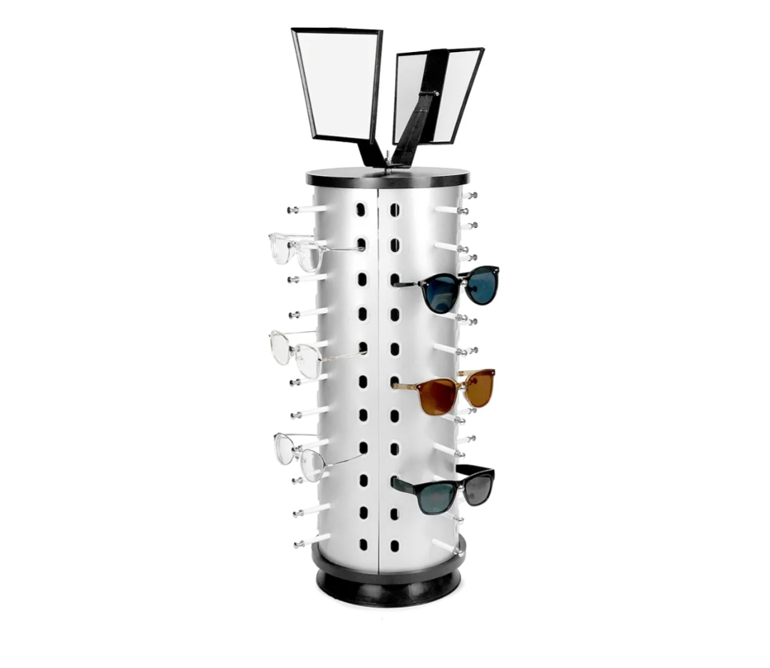 QWORK Glasses Holder Organizer, Rotating Sunglasses Display Stand, 44 Pairs Sunglasses Holder Eyeglass Display Turning Stand with Mirror, Store Countertop Eyeglasses Rack