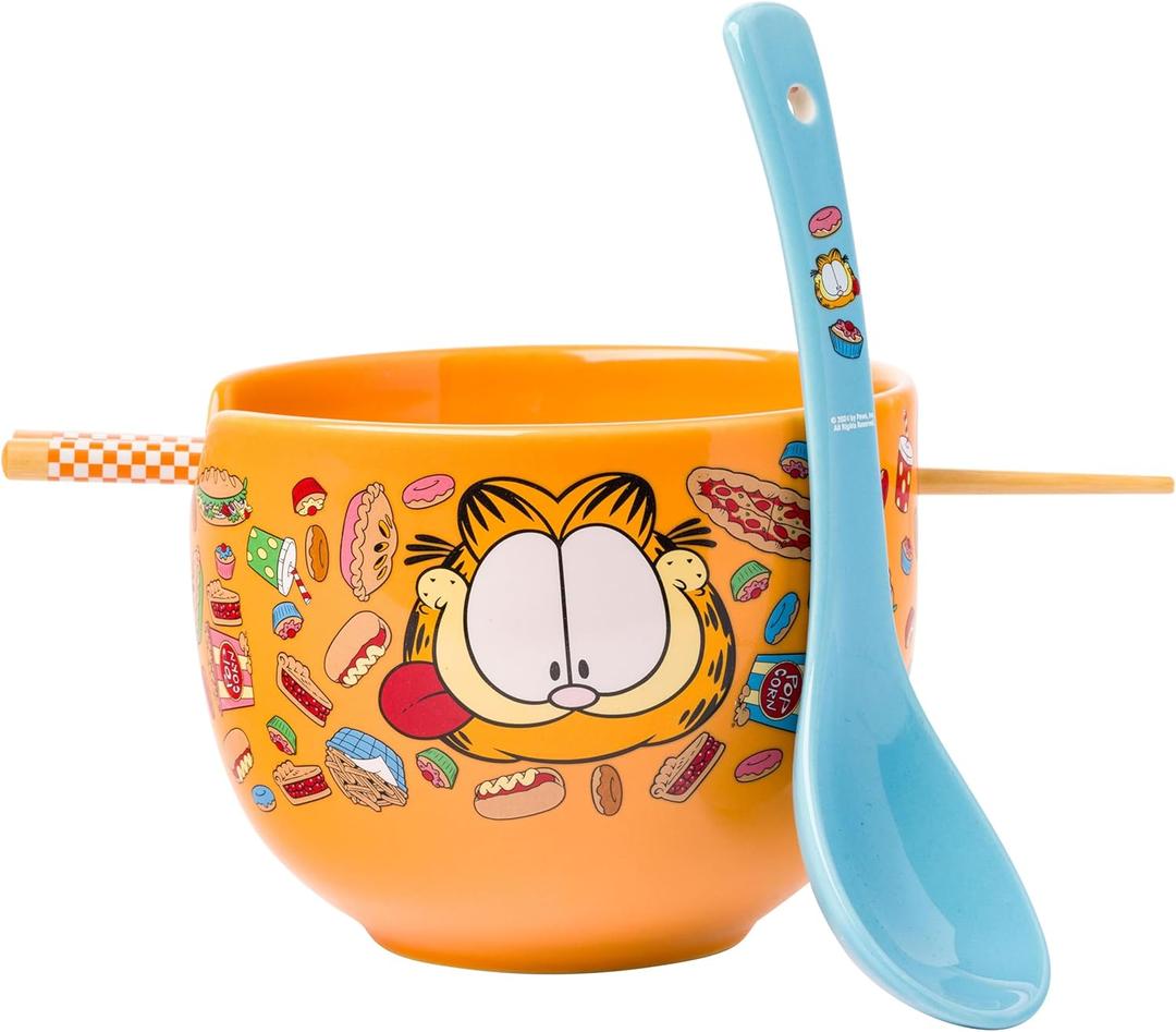 Silver Buffalo Garfield Hungry Junk Food Ceramic Ramen Noodle Rice Bowl with Chopsticks and Spoon, Microwave Safe, 20 Ounces