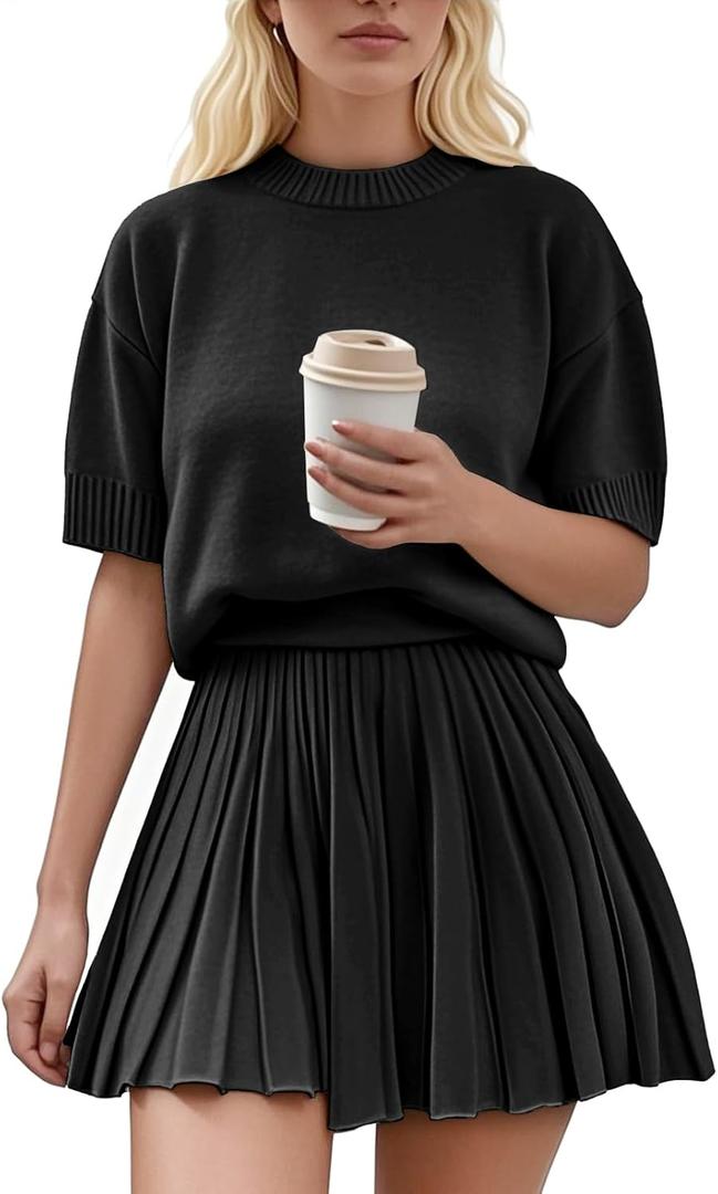 Womens 2 Piece Outfits Short Sleeve Crewneck Knit Tops And Pleated Mini Skirt Two Piece Sets (Medium, Black)