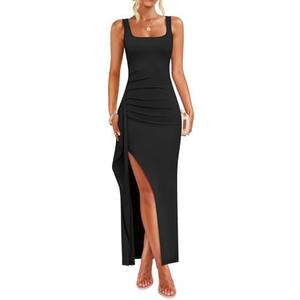 ZESICA Women's Sleeveless Formal Maxi Dresses 2025 Summer Ribbed Square Neck High Split Party Bodycon Long Dress XL