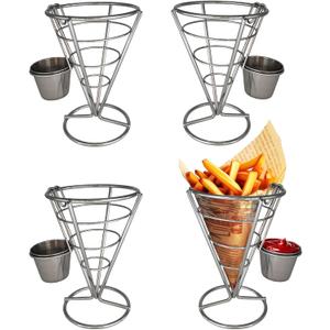 4PCS French Fries Racks with Dipping Cups, Stainless Steel Snack Basket for Fried Foods, Ice Cream Cone Holder French Fry Display Holder for Buffets, Festivals and Party Celebrations