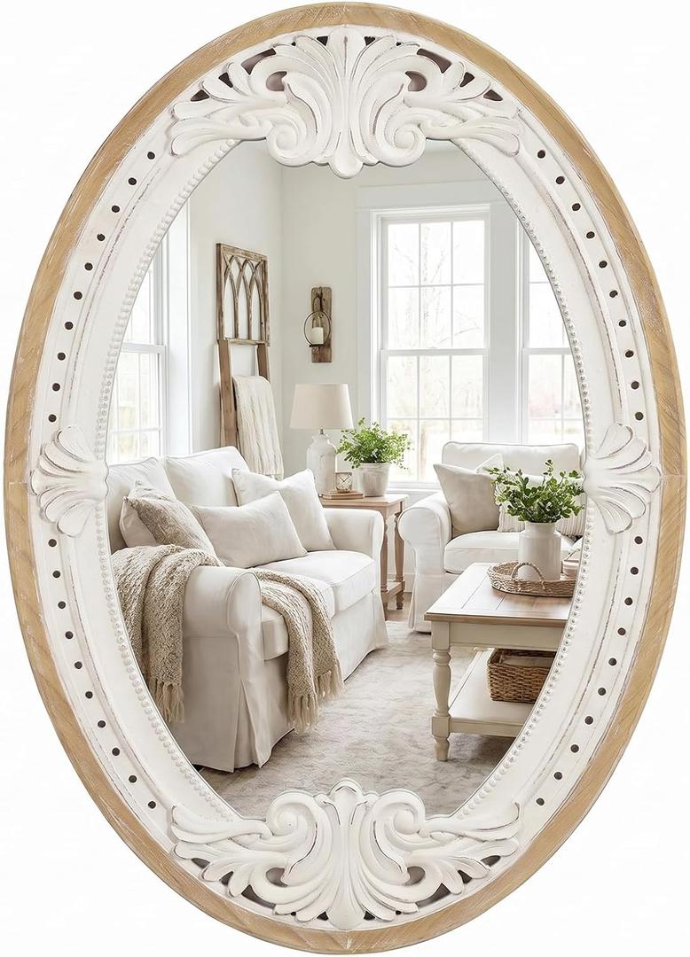H HOMEWINS Oval Mirrors for Wall,20x30 Oval Wooden Rustic Farmhouse Carved Antique Boho Nature Vintage Decorative Mirror for Bedroom, Bathroom, Living Room,Vanity