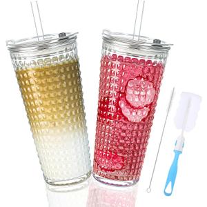 20oz Glass Cups with Lids and Straws,2 Pack Reusable Glass Tumbler for Cold & Hot Drinks Wide Mouth Travel Mug for Smoothies Cocktails Beer Tea Juice and Iced matcha Coffee Cups with Lids