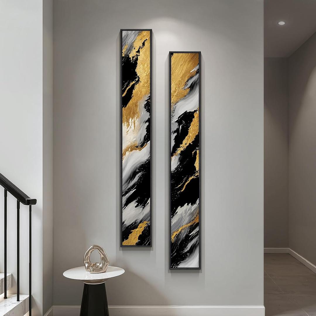 Large Framed Neutral Abstract Vertical Wall Art Decor for Hallway, 2 Piece, 8"W x 56"H x 2Pcs
