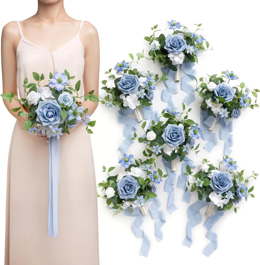 Ling's moment Artificial Bridesmaid Bouquets Set of 6,Dusty Blue Wedding Flower Bouquets Blue Rose Floral Bouquet Bridal Bouquets with Ribbon Ceremony Anniversary,7-inch Diameter