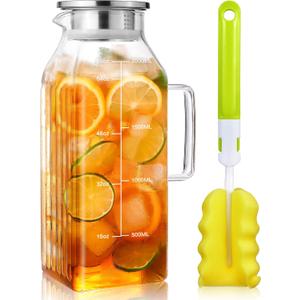 Aofmee 68oz Glass Pitcher for Fridge Door, 2 Liter Square Water Pitcher with Lid and Scale Line, Heat Resistant Tea Pitchers, Leak Proof Juice Jug, Borosilicate Glass Carafe for Hot/Cold Beverage