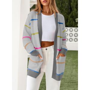 Sidefeel Cardigan Sweaters for Women Lightweight Striped 2025 Long Sleeve Open Front Loose Knit Sweaters Clothes (Gray)