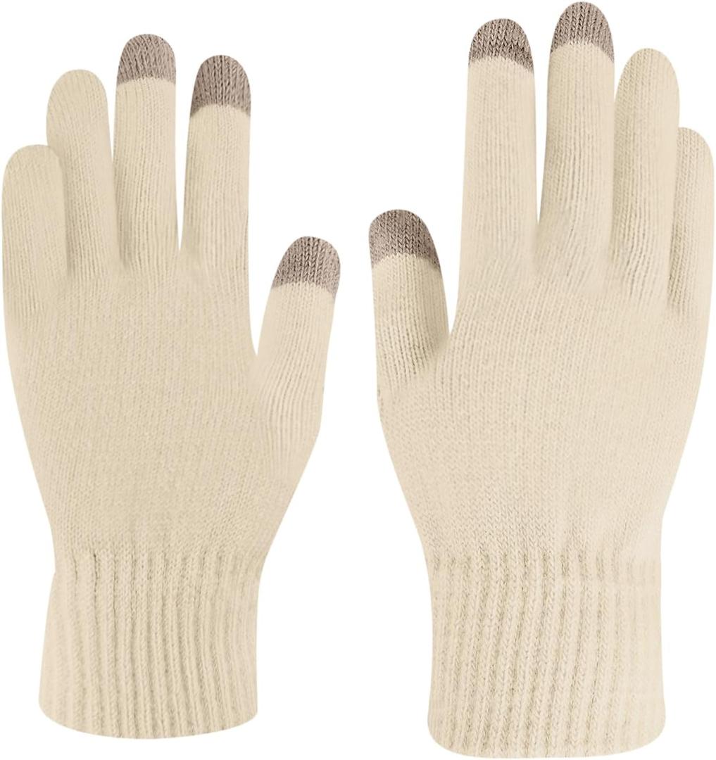 Winter Gloves For Women Touch Screen Cold Weather Thermal Warm Wool Lined Soft Knit For Sports Outdoor Daily Work (One Size, Beige)