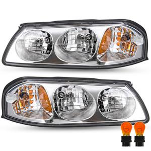 JSBOYAT Headlight Assembly Bulbs Included for 2000-2005 Chevy Impala Headlamp Replacement Passenger and Driver Side, Chrome Housing with Amber Reflector