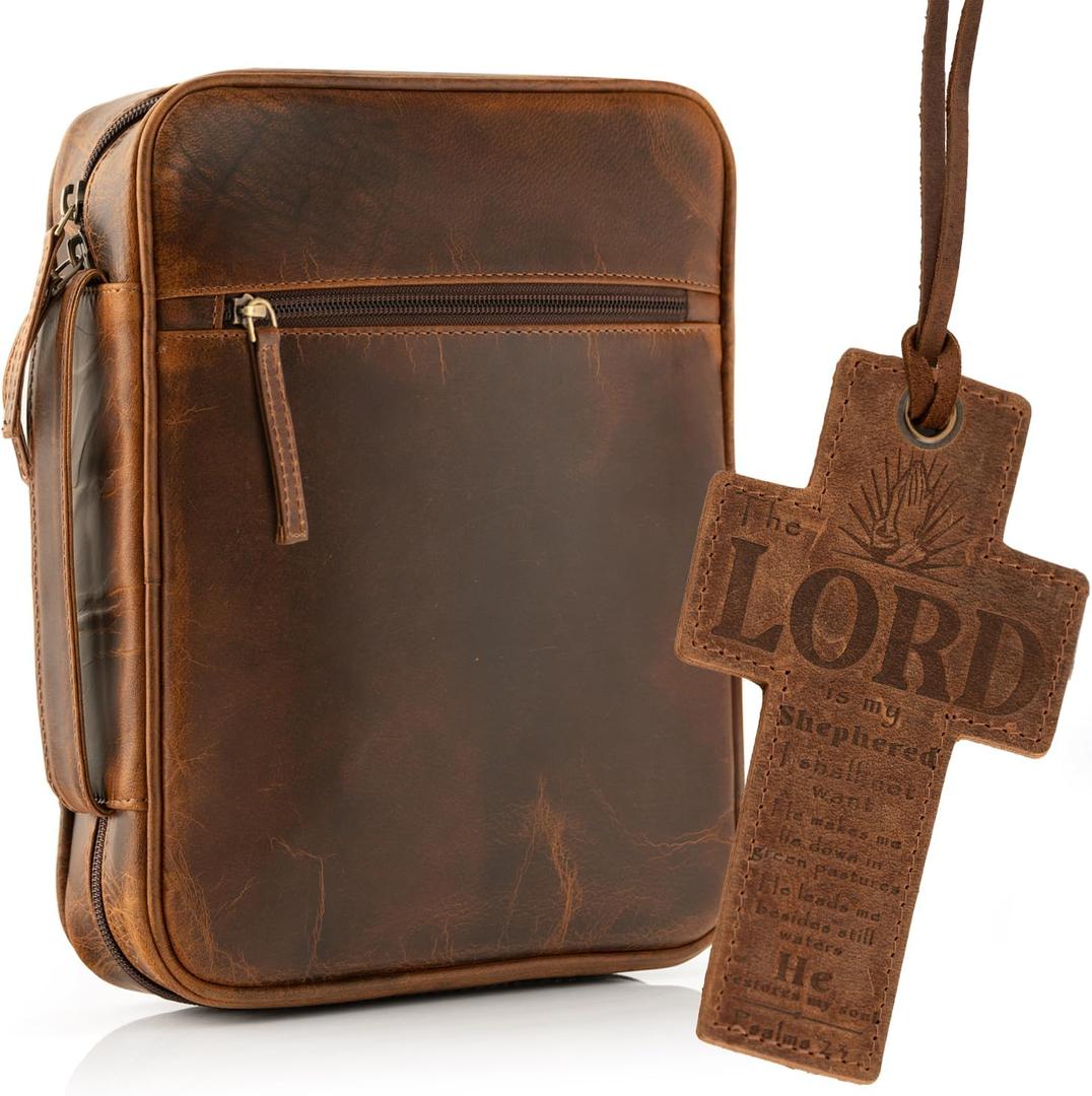 ELIZO Leather Bible Cover for Men Bible Case Women Holder Carrying Organizer Wrap Sleeve Protector Christian Religious Gift Cross Bookmark Large Antique Brown